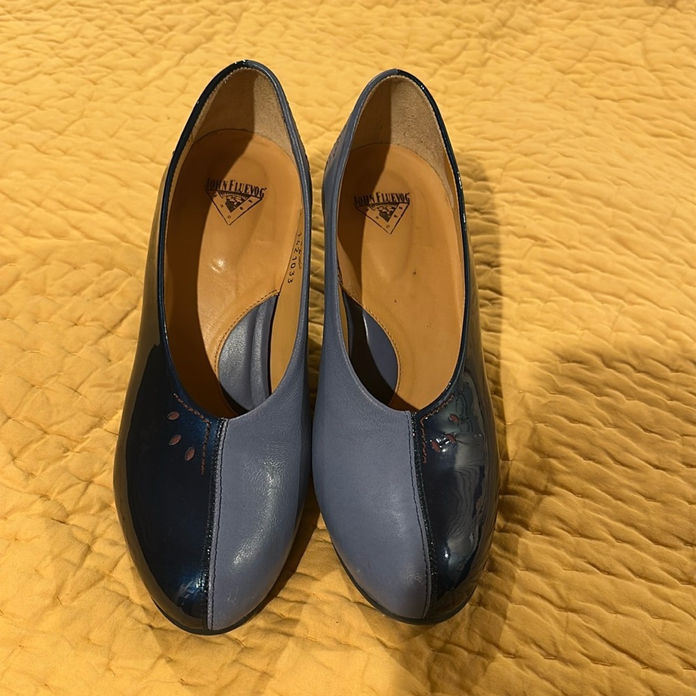 Fluvog Heels-dark blue patent and delft blue leather.